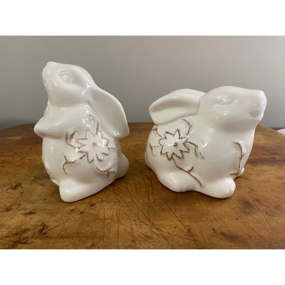 Vintage White Ceramic Bunny Rabbit Figurines Floral Cottagecore Decor